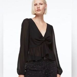 H&M Black Peplum Blouse Tie-Back Women’s Size L